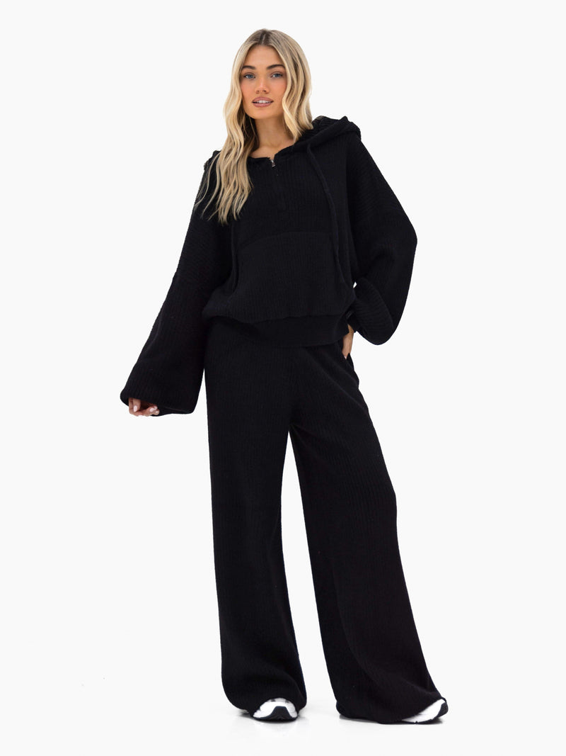 Zoey Ribbed Wide Leg Trousers - Schwarz