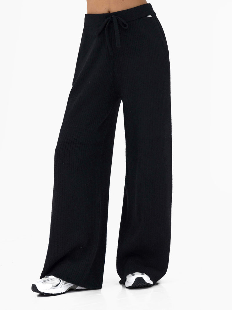 Zoey Ribbed Wide Leg Trousers - Schwarz