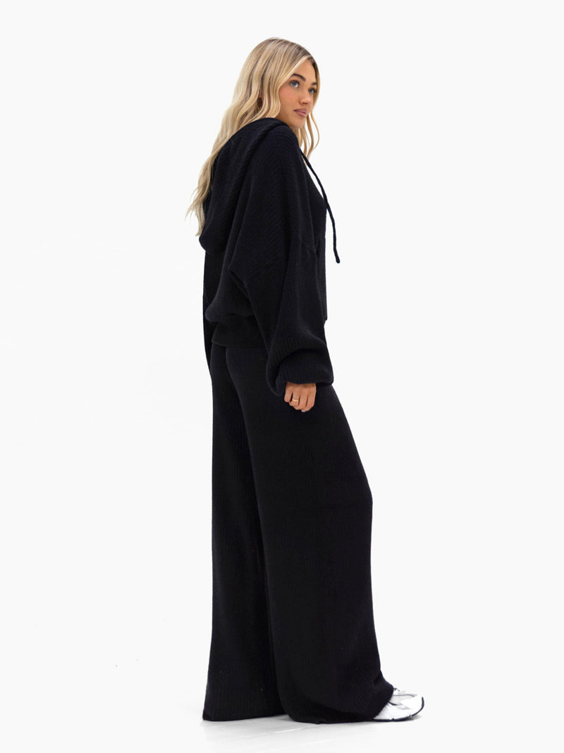 Zoey Ribbed Wide Leg Trousers - Schwarz