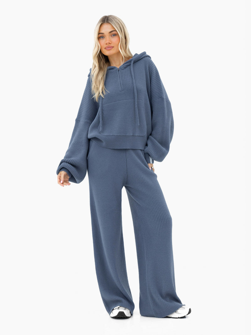Zoey Ribbed Wide Leg Trousers - Rauchblau