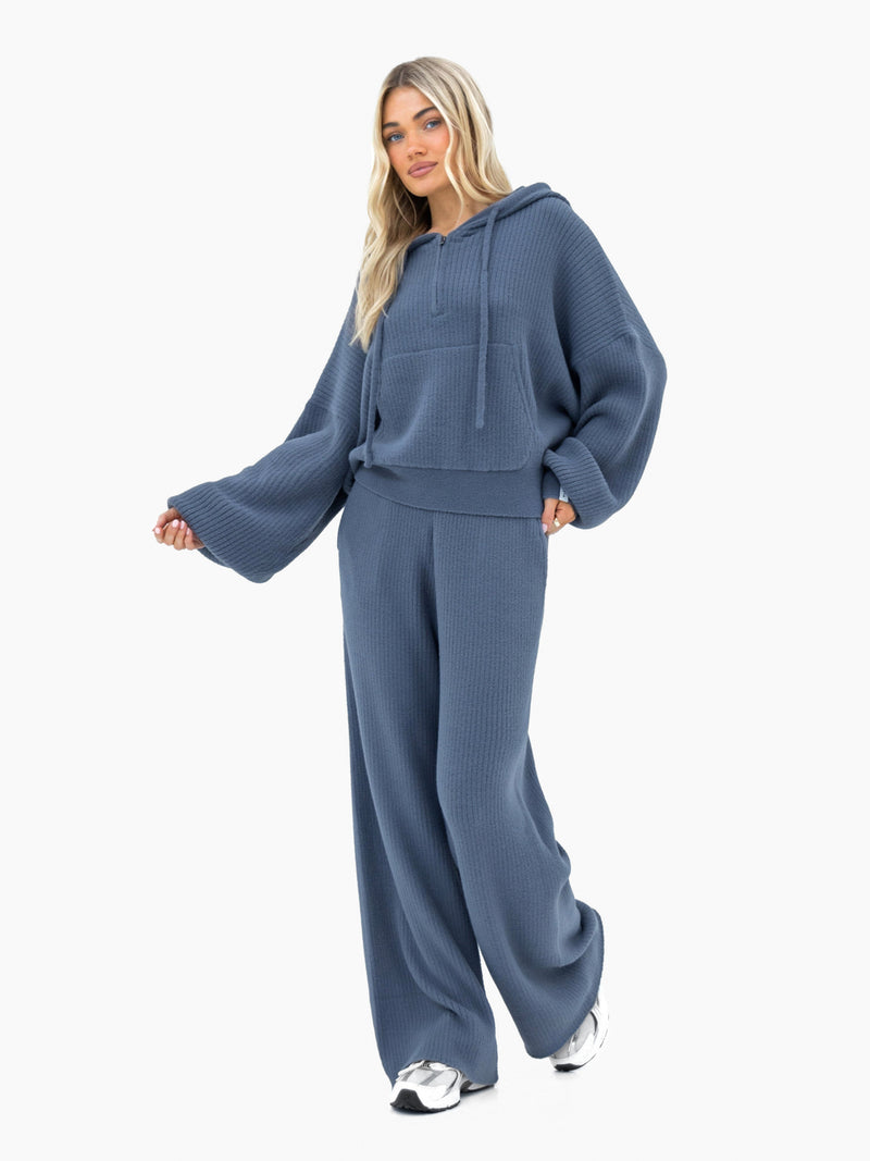 Zoey Ribbed Wide Leg Trousers - Rauchblau