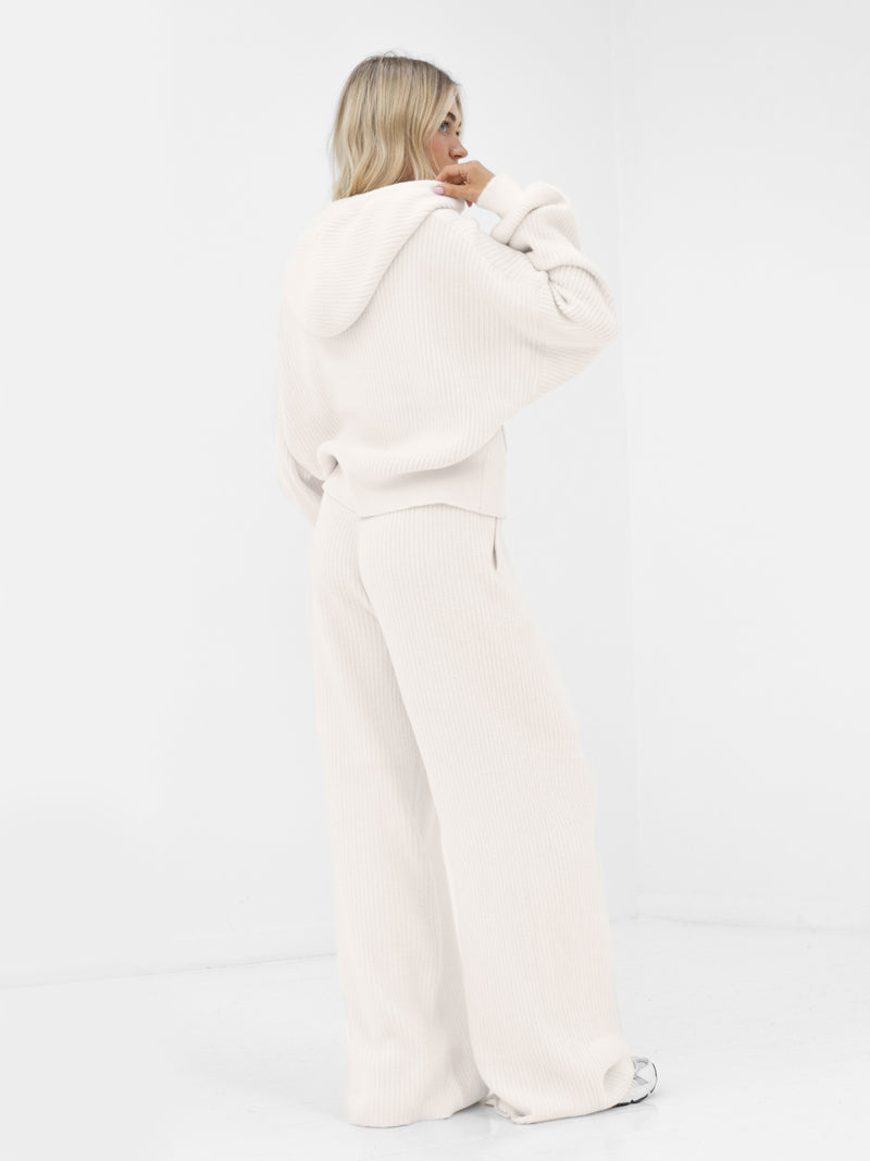 Zoey Ribbed Wide Leg Trousers - Cremefarben