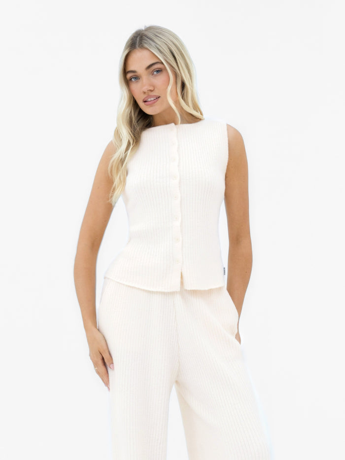 Zoey Ribbed Button Up Top - Off White