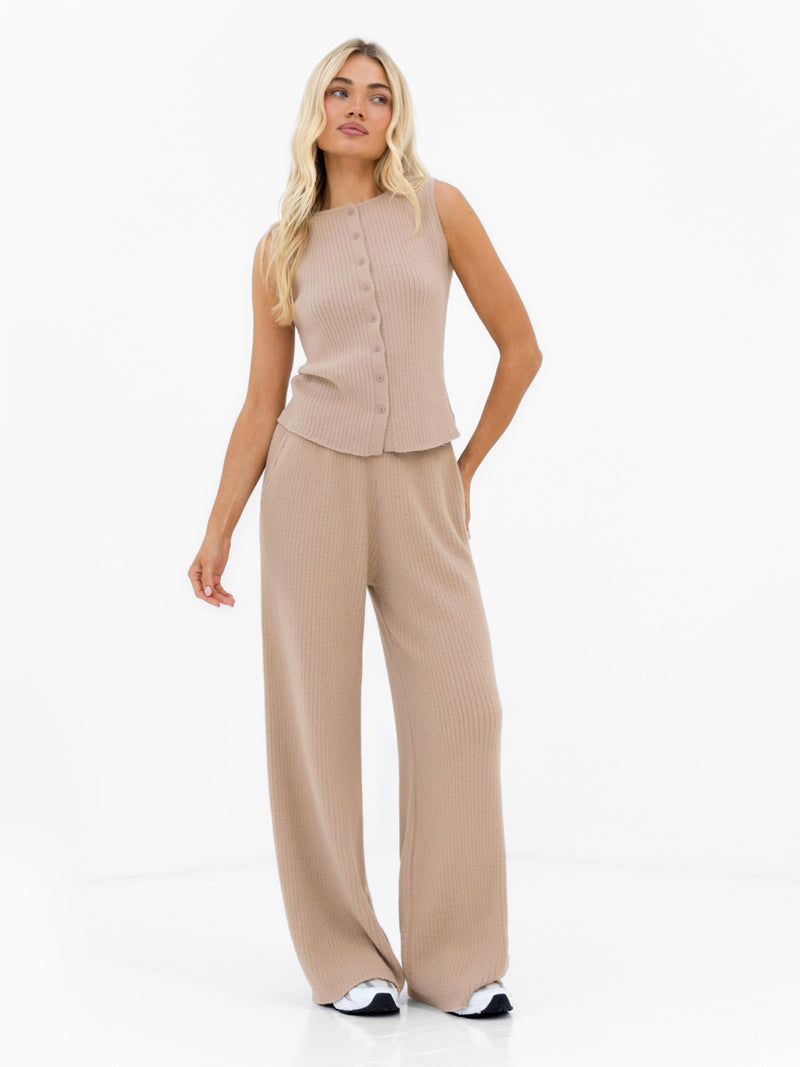 Zoey Ribbed Button Up Top - Bräunen