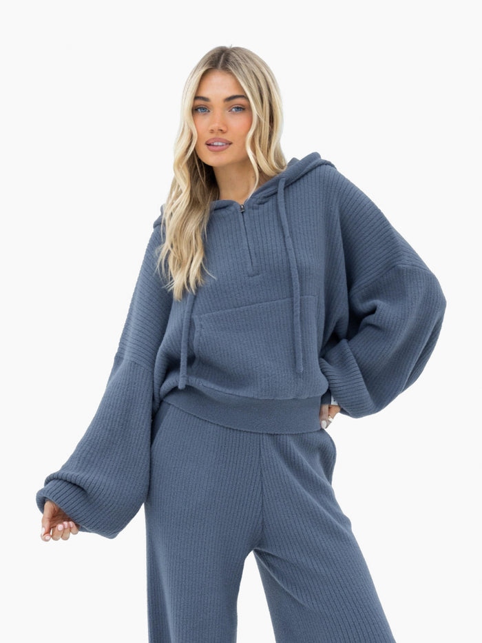 Zoey Ribbed 1/4 Zip Hoodie - Smoky Blue