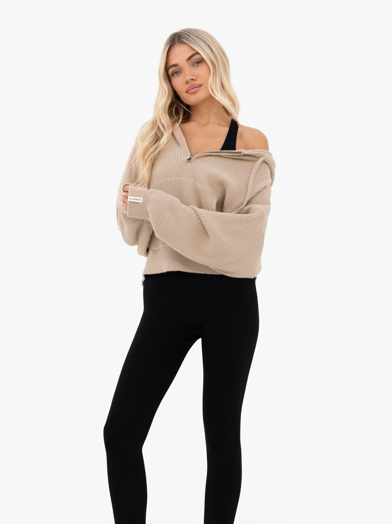 Zoey Ribbed 1/4 Zip Hoodie - Bräunen