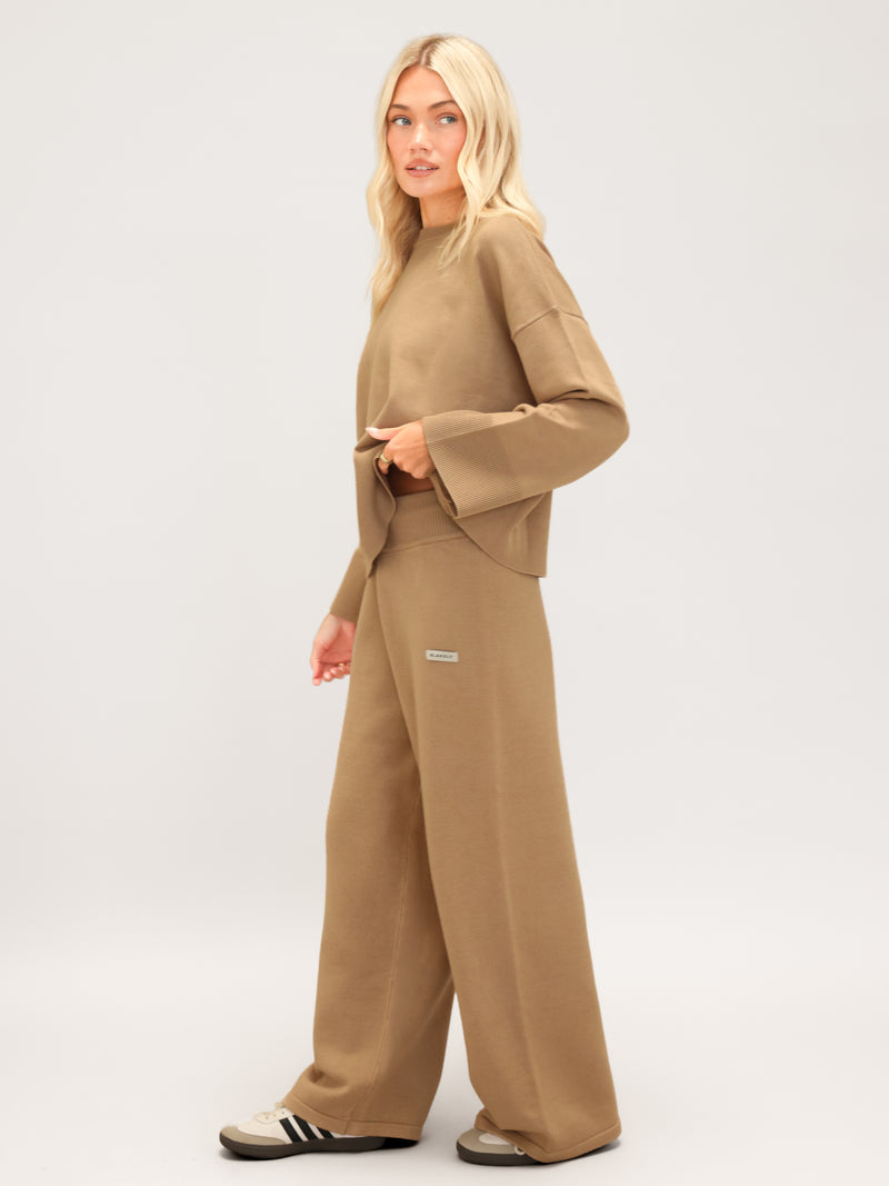 Layla Knitted Wide Leg Sweatpants -Caramel
