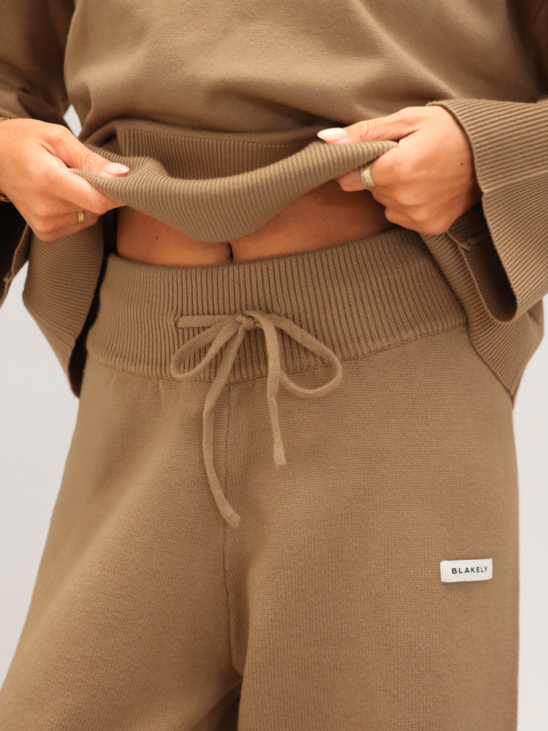 Layla Knitted Wide Leg Sweatpants -Caramel
