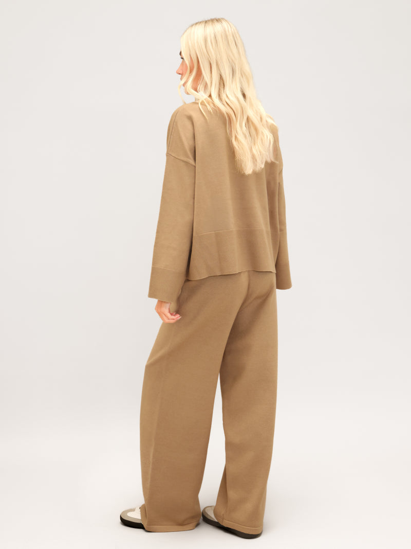 Layla Knitted Wide Leg Sweatpants -Caramel
