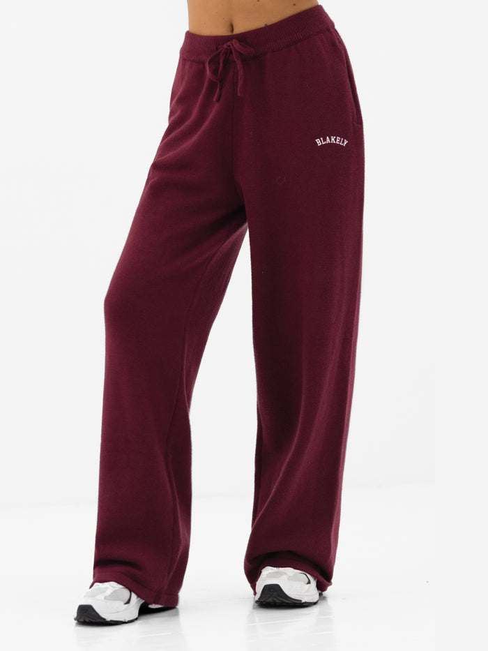 Varsity Knitted Wide Leg Sweatpants - Burgundy