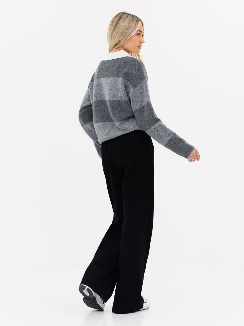 Tara Knitted Stripe Polo - Dunkelgrauer Streifen
