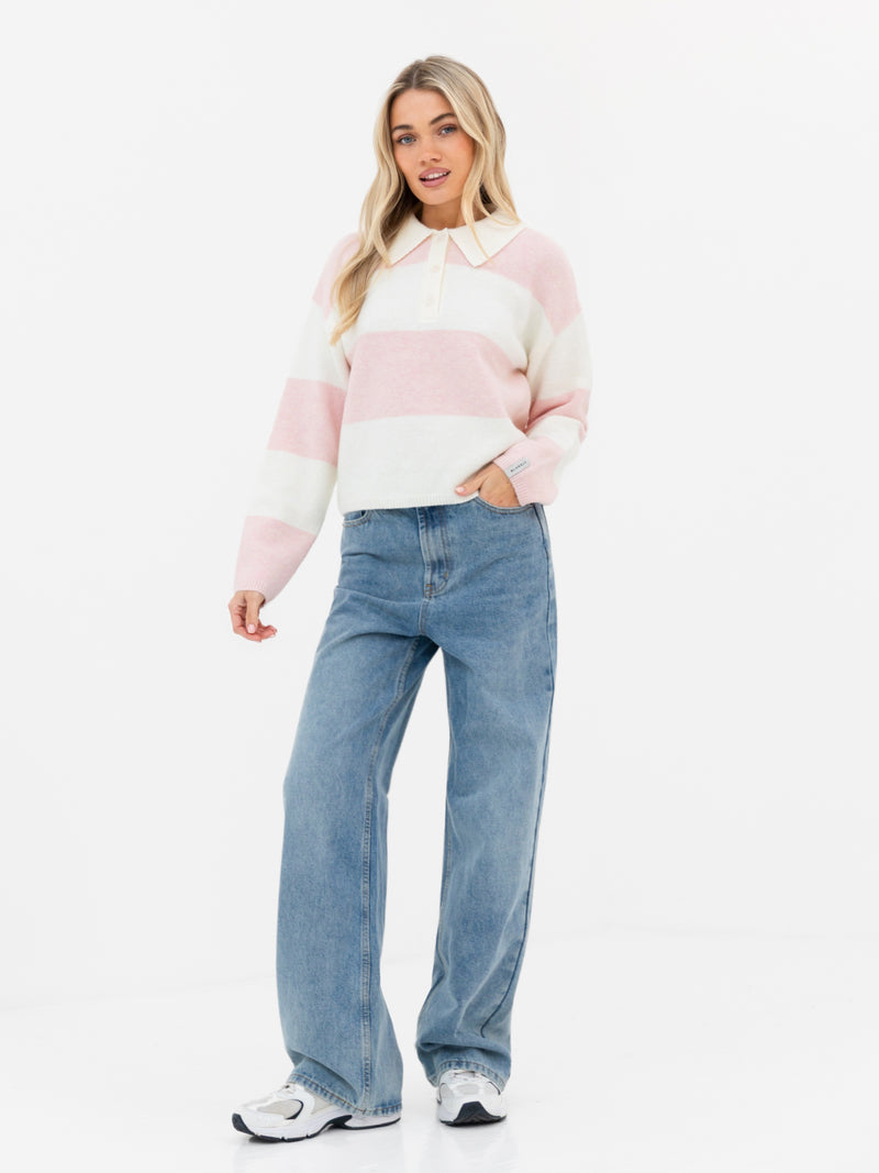 Tara Knitted Stripe Polo - Baby Pink Stripe