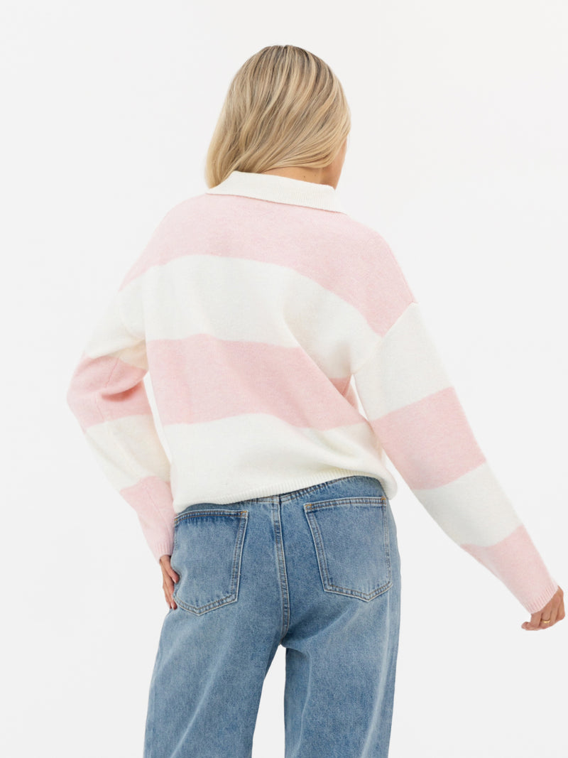 Tara Knitted Stripe Polo - Baby Pink Stripe