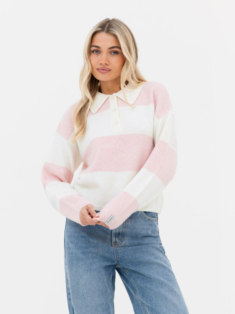 Tara Knitted Stripe Polo - Baby Pink Stripe