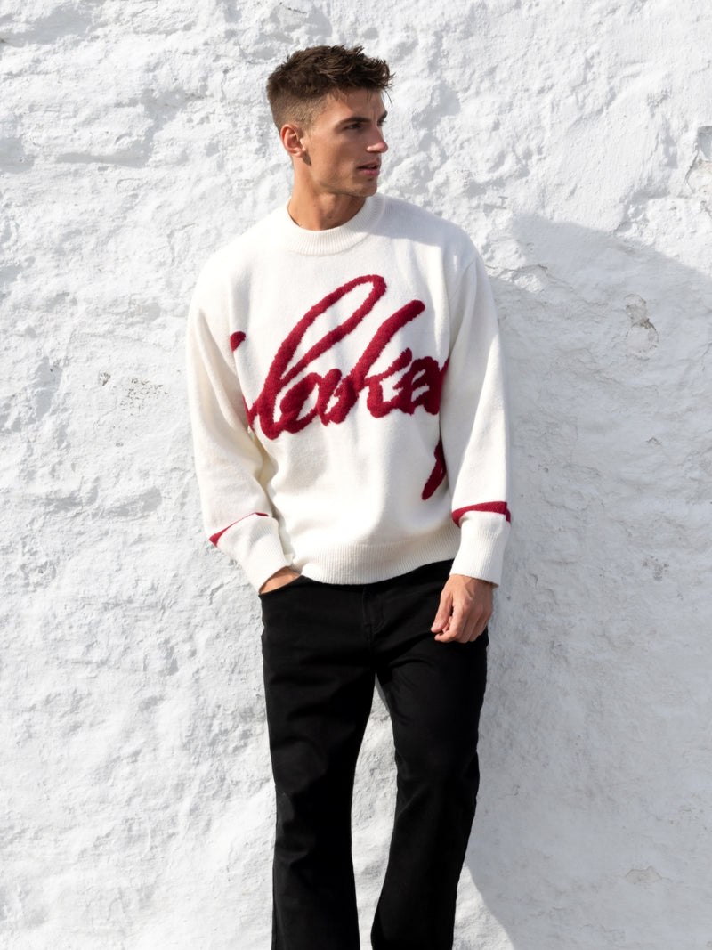 Relaxed Script Knitted Jumper - Creme