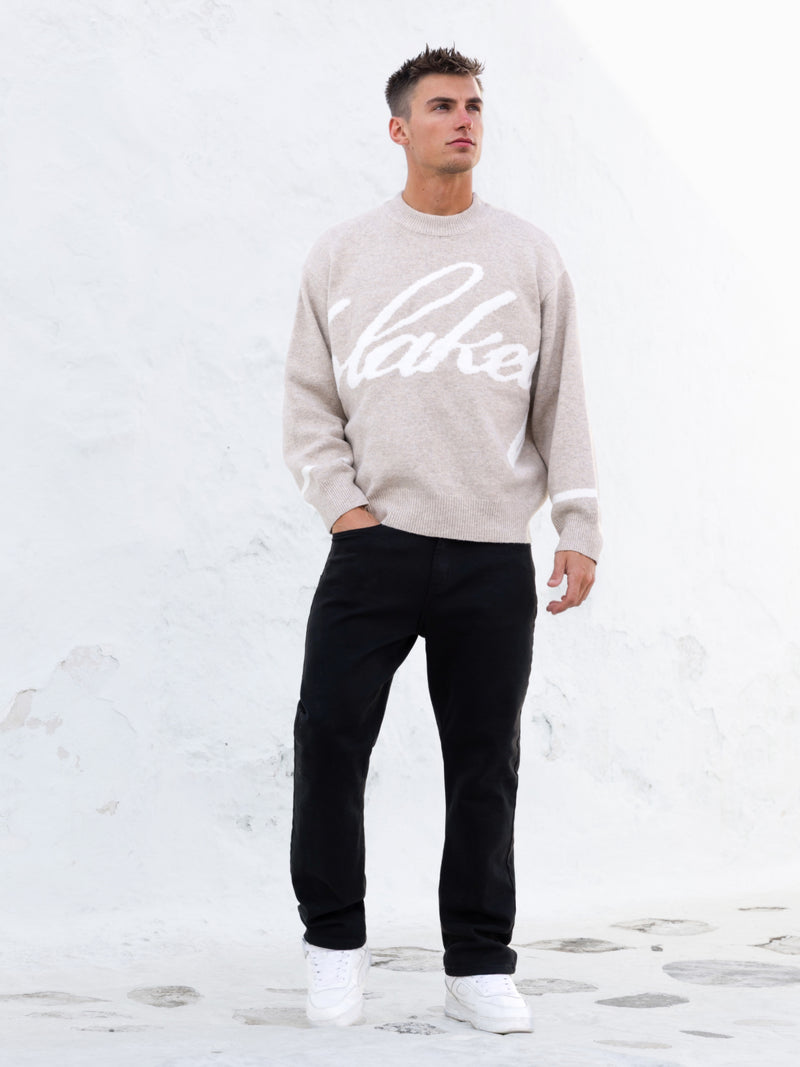 Relaxte Script gebreide trui - Taupe