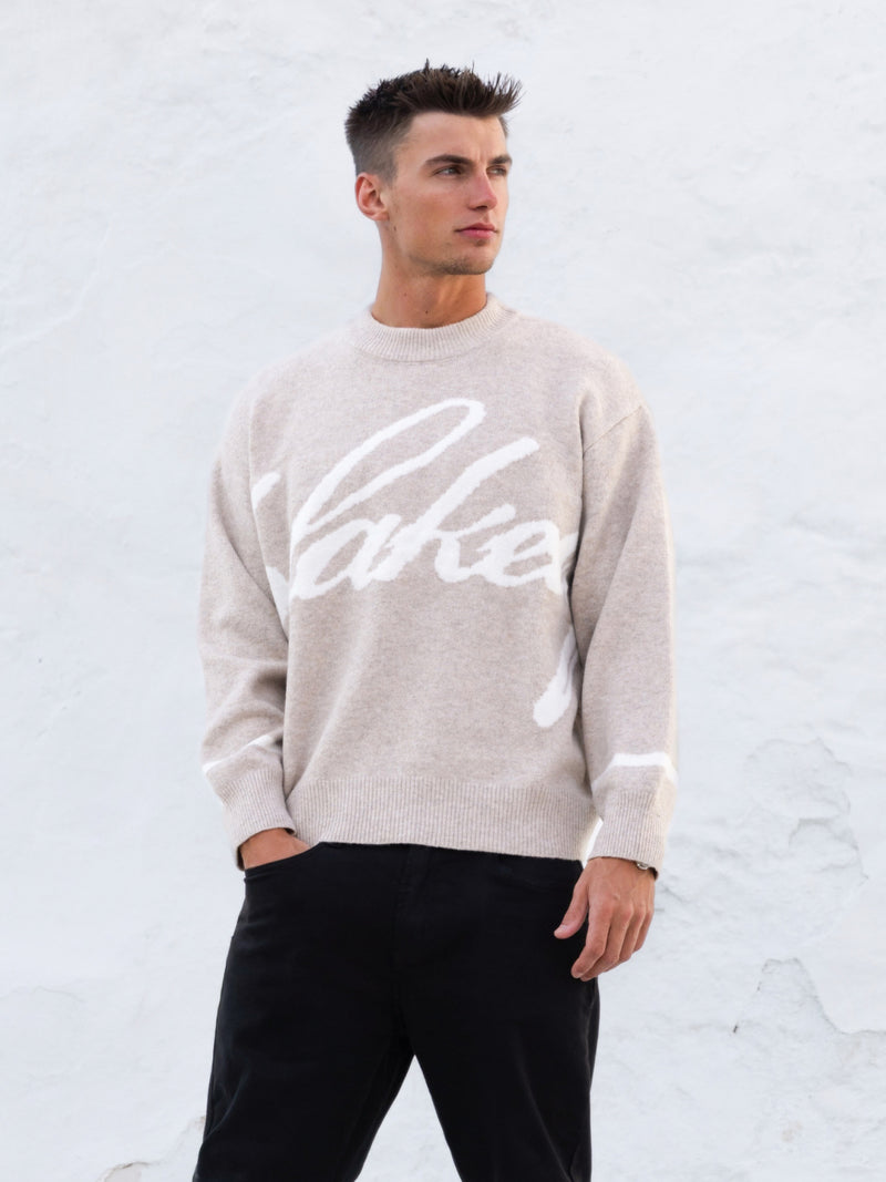 Relaxte Script gebreide trui - Taupe