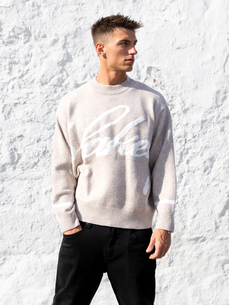 Relaxte Script gebreide trui - Taupe