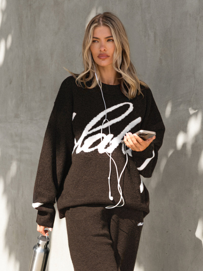 Margot Script Oversized Knitted Jumper - Brun chocolat