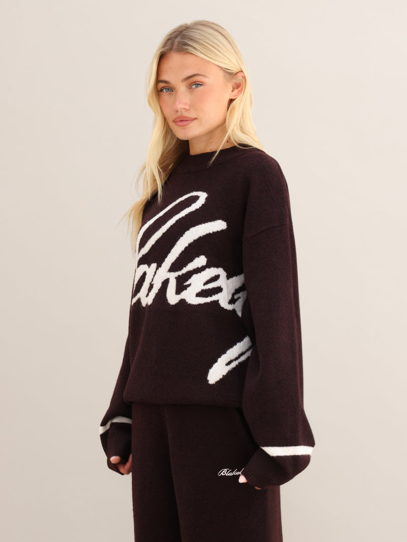 Margot Script Oversized Knitted Jumper - Dunkle Maulbeere