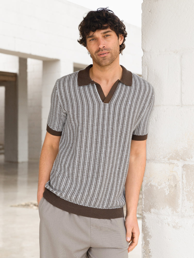 Conrad Knitted Stripe Polo Shirt - Dark Brown