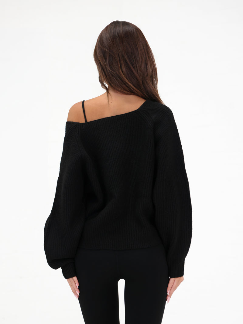 Enid Knitted Crossover Jumper - Schwarz