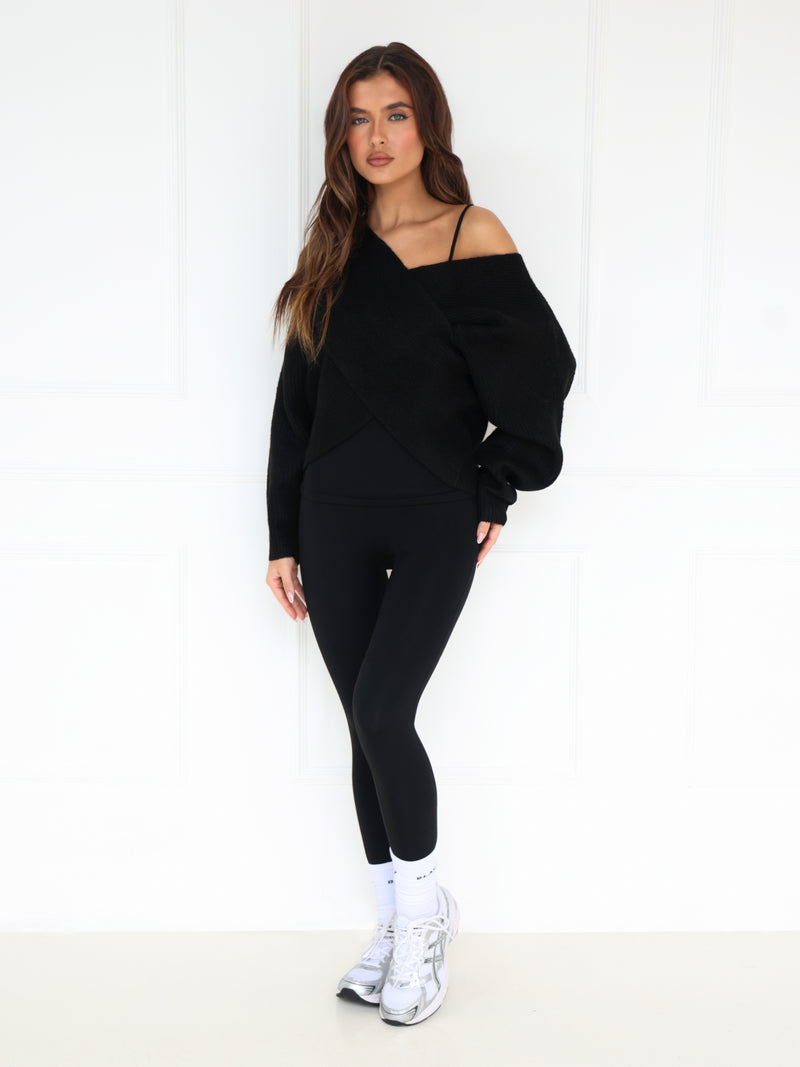 Enid Knitted Crossover Jumper - Schwarz