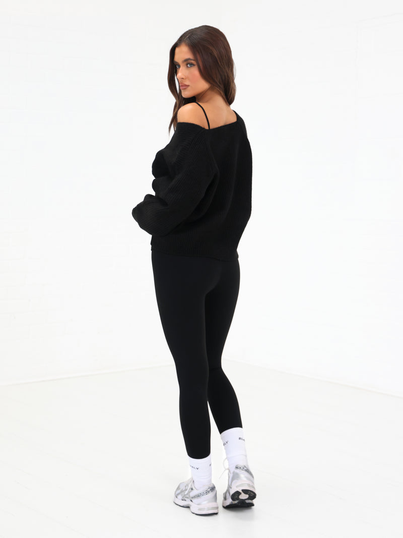 Enid Knitted Crossover Jumper - Schwarz
