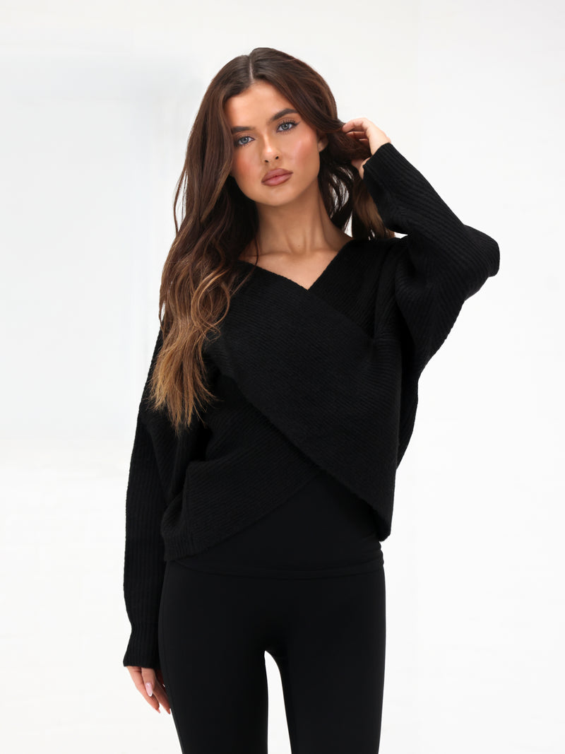 Enid Knitted Crossover Jumper - Schwarz