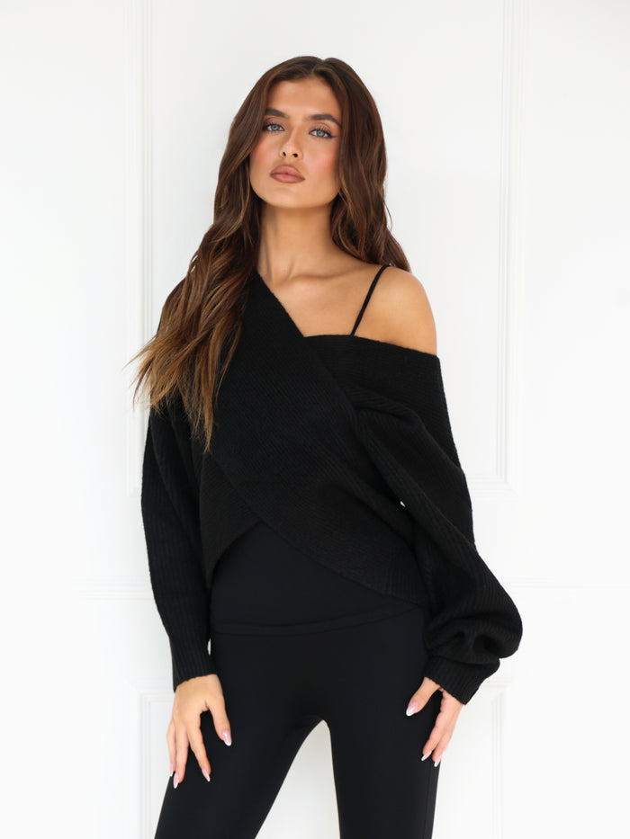 Enid Knitted Crossover Jumper - Zwart