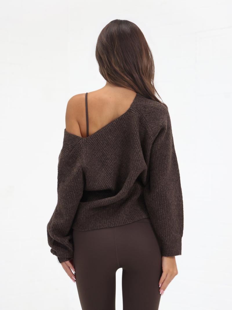 Enid Knitted Crossover Jumper - Chocolate Brown