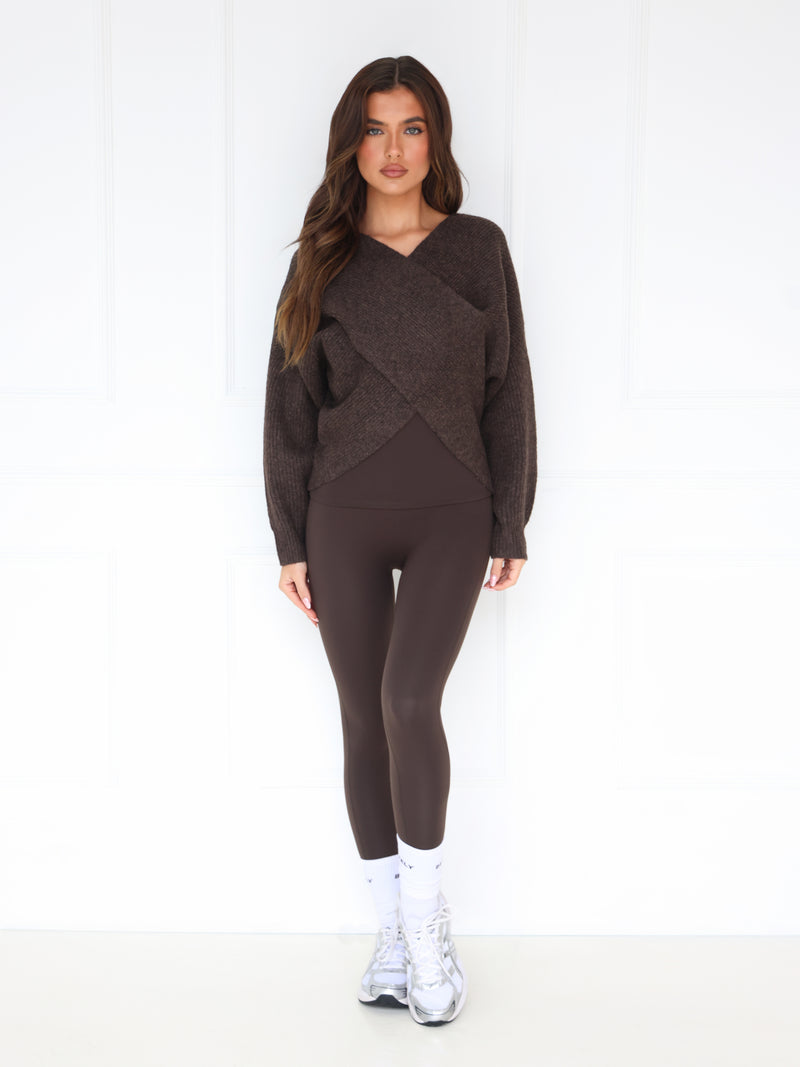 Enid Knitted Crossover Jumper - Chocolate Brown