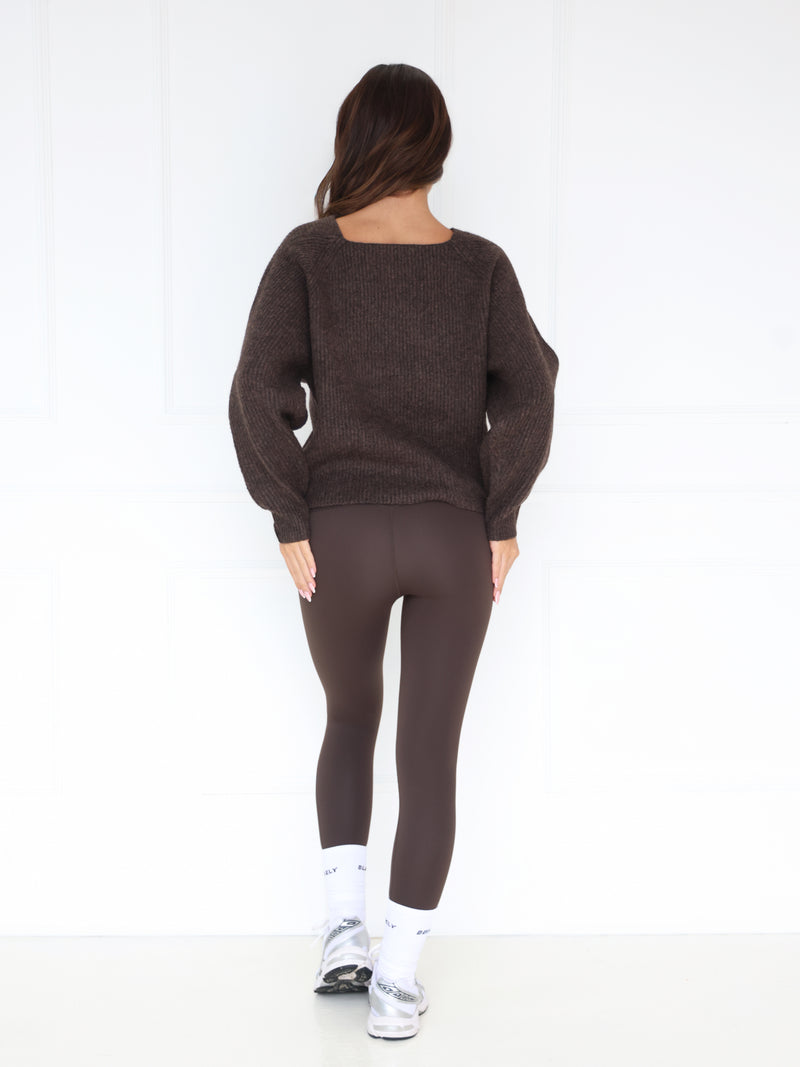 Enid Knitted Crossover Jumper - Chocolate Brown