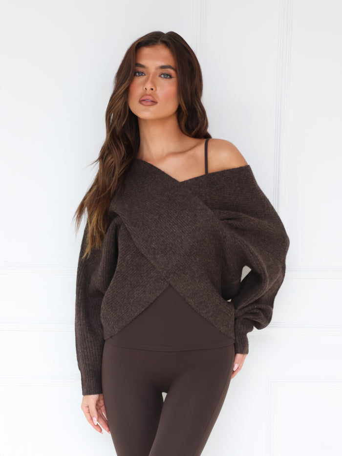Enid Knitted Crossover Jumper - Chocoladebruin