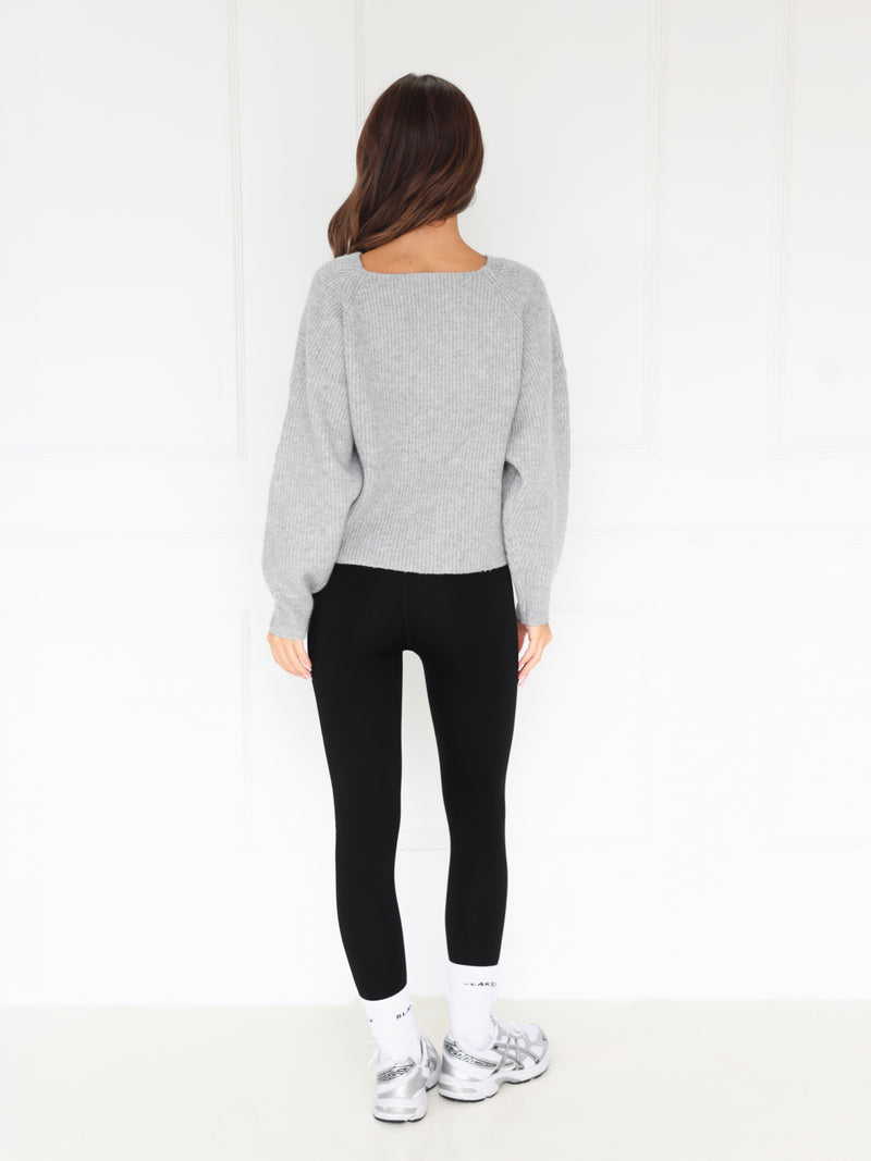Enid Knitted Crossover Jumper - Mergelgrau