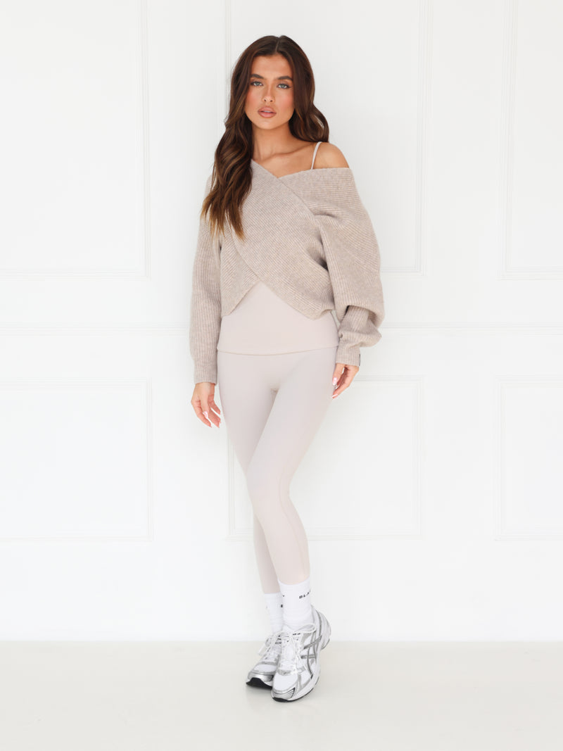 Enid Knitted Crossover Jumper - Toasted Taupe