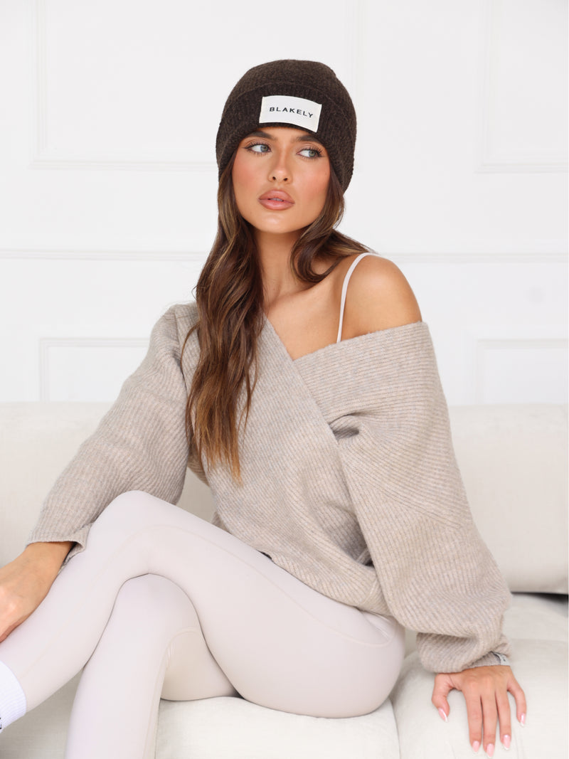 Enid Knitted Crossover Jumper - Toasted Taupe