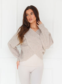 Enid Knitted Crossover Jumper - Taupe grillé
