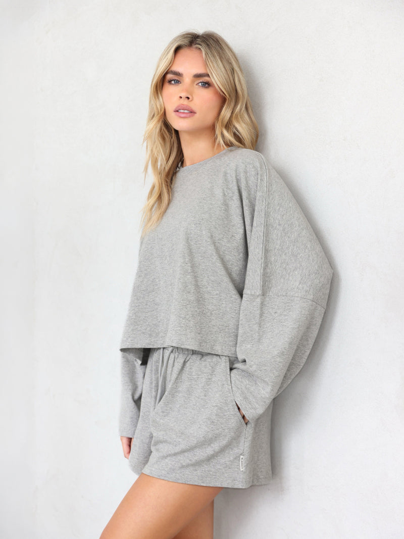 Ayla Batwing Cotton Top - Gris chiné
