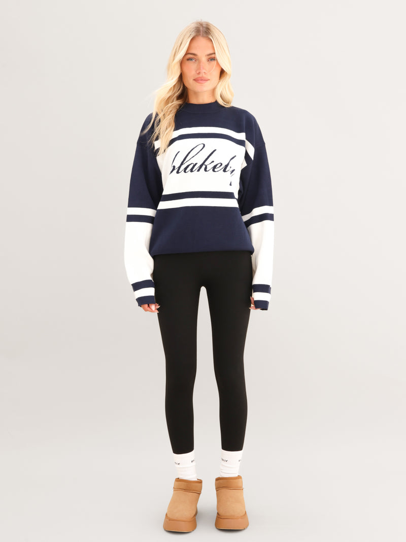 Margot Oversized Knitted Panel Jumper - Véritable bleu marine et blanc