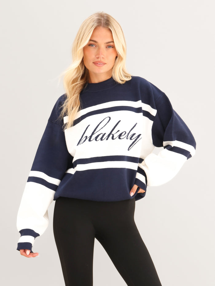 Margot Oversized Knitted Panel Jumper - Véritable bleu marine et blanc
