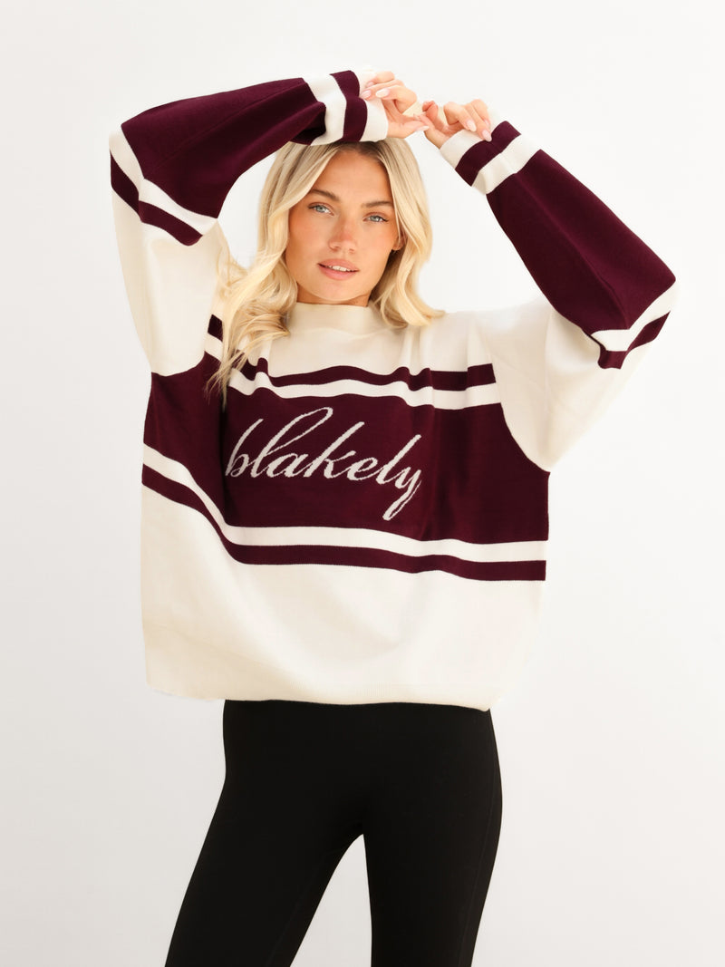 Margot Oversized Knitted Panel Jumper - Blanc cassé et cerise foncé