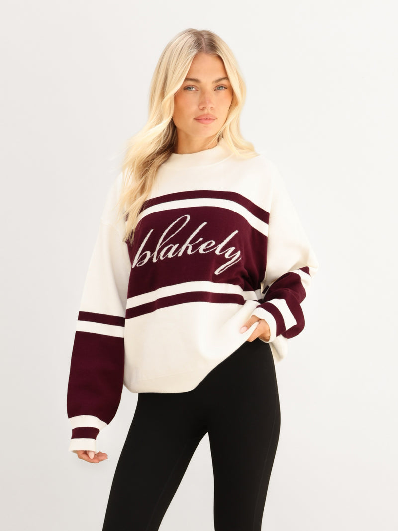 Margot Oversized Knitted Panel Jumper - Blanc cassé et cerise foncé