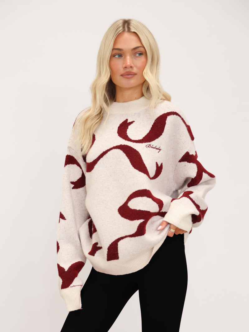 Bella Bow Knitted Jumper - Gebroken wit & rood