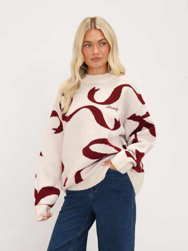 Bella Bow Knitted Jumper - Gebroken wit & rood