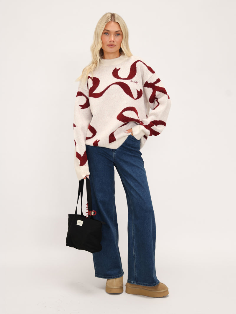 Bella Bow Knitted Jumper - Gebroken wit & rood