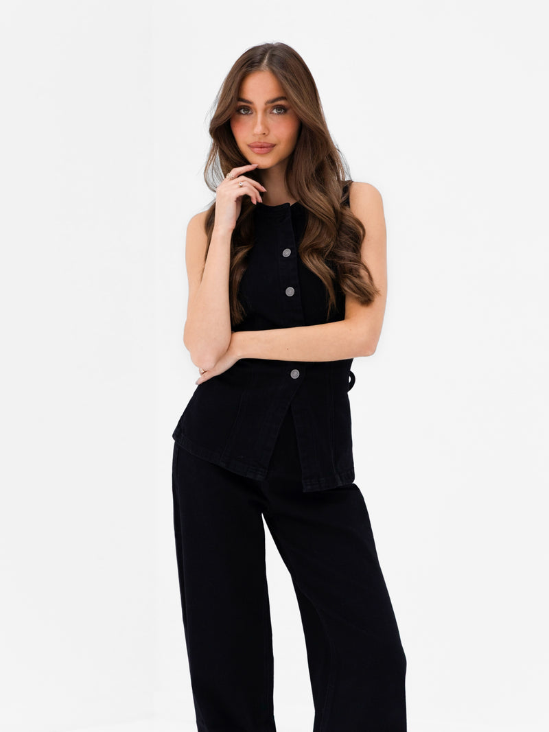 Blakely Denim Button Up Top - Black