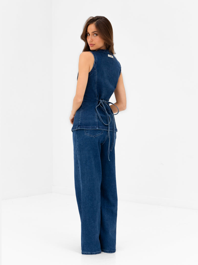 Blakely Denim Button Up Top - Dark Blue Wash