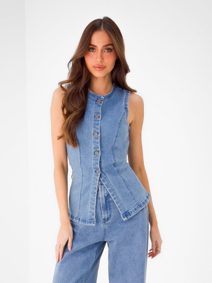 Blakely Denim Button Up Top - Light Blue