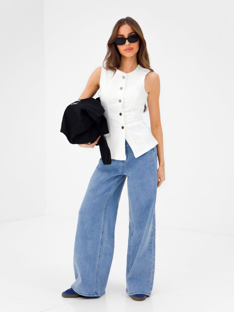 Blakely Denim Button Up Top - Weiß